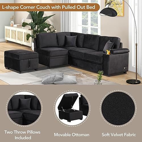 LUMISOL 87" Convertible Sofa Bed with Storage Ottoman, L-Shaped Sectional Sofa with Cup Holder & USB Ports, Pull Out Sleeper Sofa Couch with Chaise for Living Room, Small Apartment, Black