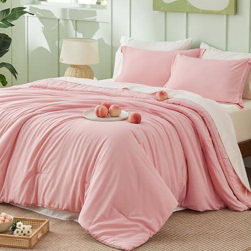 Image of Bedsure Queen Comforter Set - 7 Pieces Pink Queen Bedding Set for All Seasons, Boho Contrasting Design Bed in a Bag with Comforter, Sheets, Pillowcases & Shams