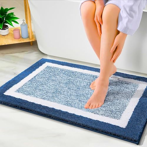 Image of GAVI Home Decor Bath Mat for Bathroom, Anti-Slip Bath mat & Door Mat for Bathroom, Bedroom, Kitchen (60 x 40 CM) (Blue Mat White Border)
