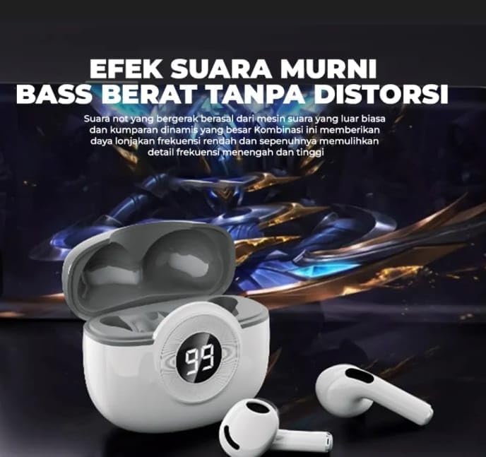 K54 Wireless Earbuds in their charging case, displaying '99' on the LED screen, indicating full charge.