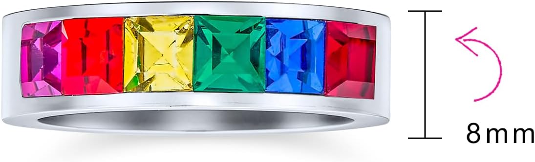 Personalized Engrave Unisex Colorful pride month Couples Channel Set CZ Rainbow 1/2 Eternity Ring LGBTQ Wedding Band Ring Men Women Silver Tone Gold Tone Stainless Steel 8MM Comfort fit Customizable - Image 4