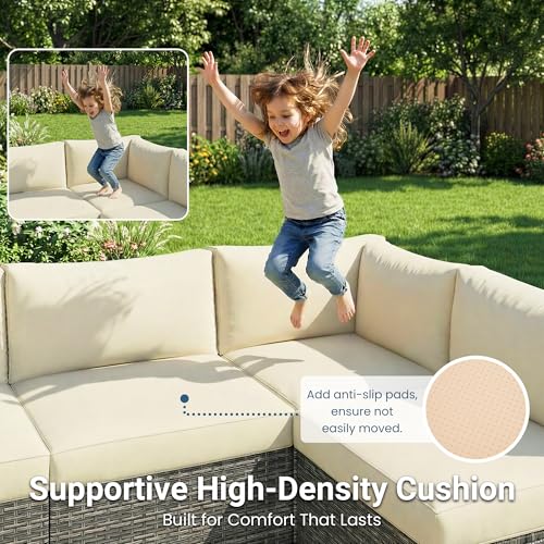 Image of Wisteria Lane 7 Pieces Wicker Patio Furniture Set, All-Weather Patio Sectional Sofa with Coffee Table, Outdoor Sectional Furniture for Garden Backyard, Beige