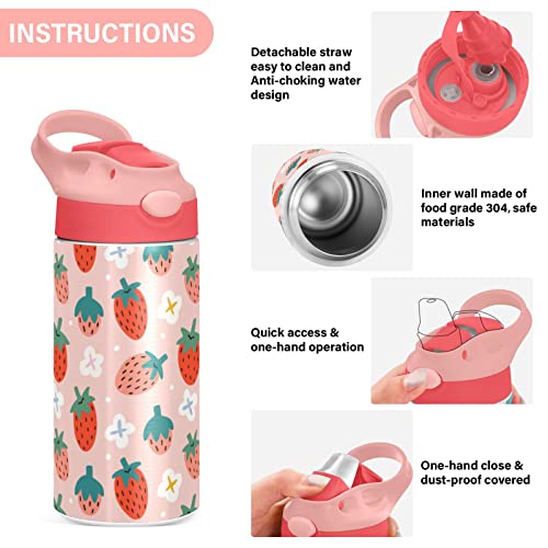 Boccsty Garrafa de água infantil Summer Strawberry com tampa de palha isolada copo reutilizável de a