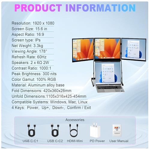 Image of 15.6 inch Laptop Screen Extender Monitor Portable, 1080P FHD IPS Triple Screen Monitor for Laptops, Just 1 Cable for 3 Screens, Laptop Extender Compatible with 360 Rotation with Wins /Mac