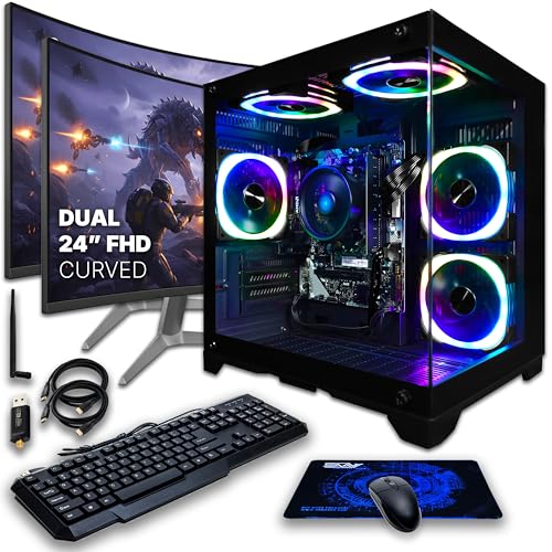 Image of SAAV Atlas Prebuilt Gaming PC Bundle Desktop Tower AMD Ryzen 5 8500G Radeon 740M Graphics Dual 24in Monitors 16GB DDR5 256GB NVMe SSD WiFi 6 Windows 11 Black RGB Computer PC Gaming