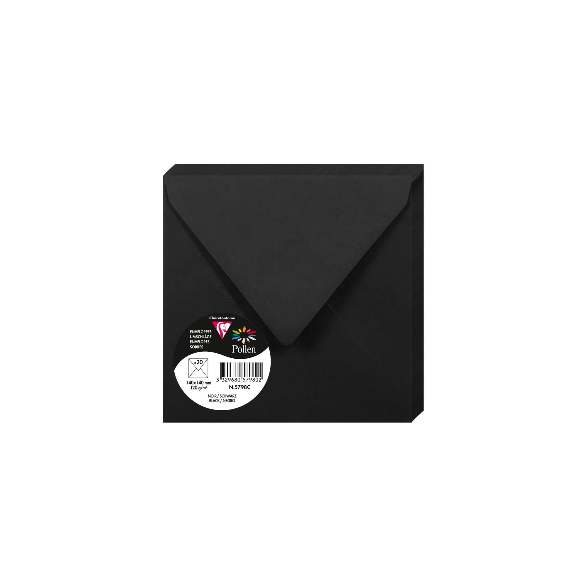 Clairefontaine 5798C Pack of 20 Gummed Envelopes Square Format 14x14cm 120g/m² Black Invitation Events & Correspondence Pollen Range Premium Smooth Paper