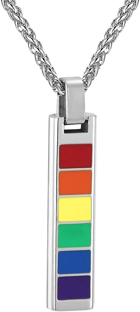 PROSTEEL LGBT Rainbow Necklace for Men, Gold Plated/Black Stainless Steel Bar/Dog Tag Pendant, Lesbian Gay Pride Necklace Jewelry, Come with Box