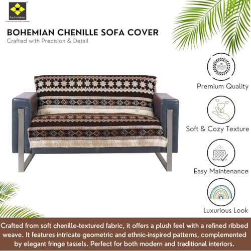 Image of Elegant Woven Brown Sofa Cover - Soft Chenille Traditional Pattern with Lace Style | L-Shape Sectional Seat Protector for Living Room | Durable & Stylish Slipcover 2 Seater Sofa