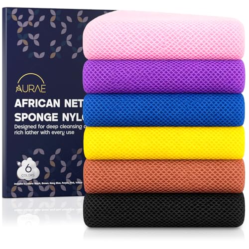 AURAE African Sponge Set de 6 piezas – Auténtica Esponja Africana Exfoliante para Baño y Ducha, Suave, Duradera y de Secado Rápido, Exfoliante Corporal y para Espalda – Juego de 6 Colores