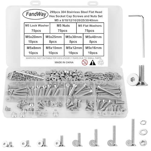 FandWay Set di 299 bulloni e dadi M5, viti a testa svasata, viti a brugola in acciaio inossidabile 304, kit assortito di dadi a testa piatta e rondelle di bloccaggio, completamente filettate con