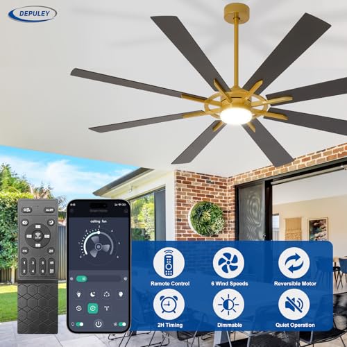 Image of Depuley 66-Inch Ceiling Fan with Light: Modern 8-Blade Brass and Walnut Indoor Outdoor Fans with Remote App Control Dimmable Light - Ultra Quiet DC Motor Reversible 6 Speed Timer