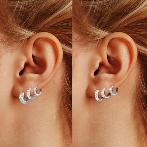 Wgoud Small Gold Hoop Earrings Set for Women, 6 Pairs 14K Gold Plated Hypoallergenic Lightweight Huggie Hoops Earrings, Trendy Cartilage Cubic Zirconia Earrings for Women Gifts. (E-Silver hoops) — view 4