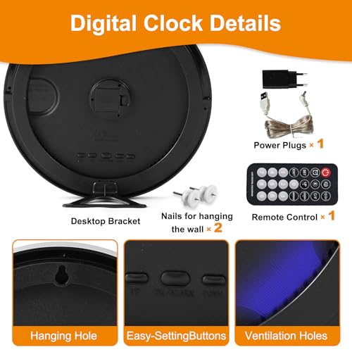 10inch Digital Wall Clock with LED Display, Digital Round Wall Calendar with Remote,Timer, Dimming,Temperature, Silent Modern Electric Wall Clocks for Bedroom, Living Room (Orange) - Image 7