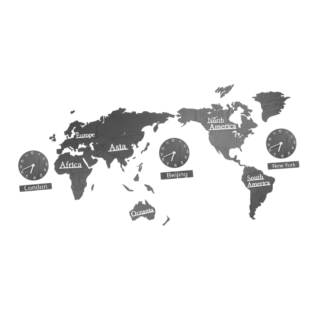 Horloge murale carte du monde Cabilock en MDF et ABS avec 3 fuseaux horaires