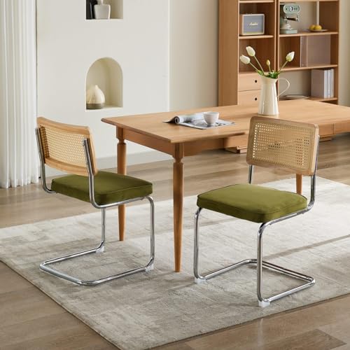 Worletty Sillas voladizas voladoras, mimbre vienés, moderno juego de 2, sillas de comedor de terciopelo acento con respaldo de tubo natural y base cromada de acero inoxidable (verde oliva)