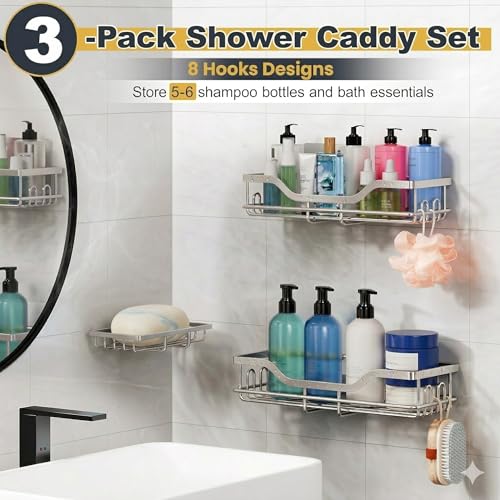 Image of OMAIRA 3-Pack Shower Caddy with Soap Holder, Adhesive Rustproof No-drill Strudy Loading Inside Shower Organizer Shelves Rack Storage Bathroom Organization for Smooth Wall Glass Tile, Sliver (Large)