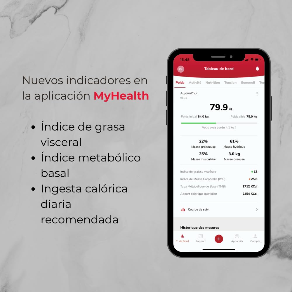 TERRAILLON - MASTER FIT ULTRA Balance conectado Wi-Fi, Frecuencia cardíaca, Análisis de masas grasas, musculares, hídricos, óseos y viscerales, IMC, ingesta diaria de calorías
