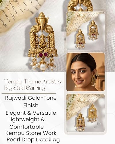 Image of Mansiyaorange Matte Gold South Indian Maa Lakshmi & Ganesha Motif Kundan Pearl Stone Stud Earrings