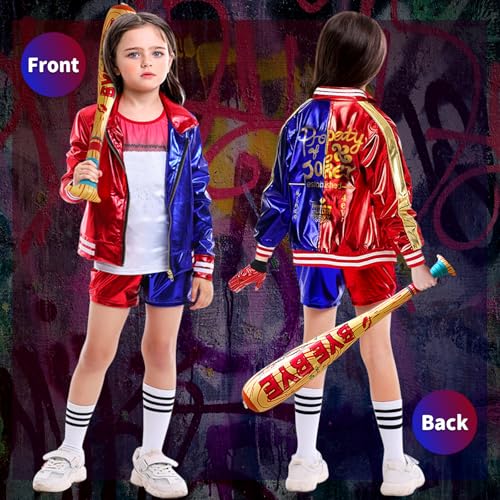 DUOLAM Quinn Cosplay Costumes Kids: Girls Villain Clown Costume Kit Includes Jacket, T-Shirt, Shorts, Inflatable Baseball Bat, Tattoo Stickers and Glove for Halloween Carnival (120) - Image 5