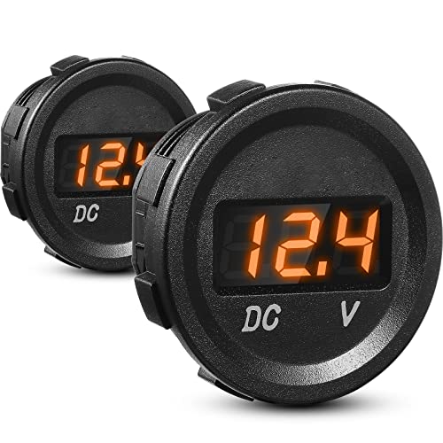 BBTO 2 Pieces DC 12V Car Voltage Gauge LED Display Waterproof Voltmeter Digital Round Panel Voltmeter Compatible with Vehicle Motorcycle Truck Camper ATV UTV Car Boat Marine (Orange Digital)
