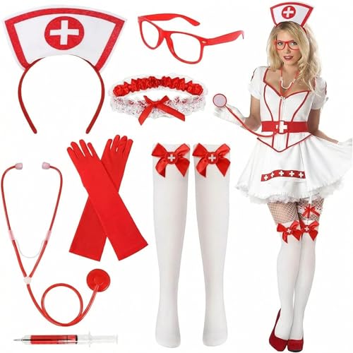 Mrqqmake Krankenschwester Kostüm Damen 7-teiliges Nurse Set mit Haarreif Stethoskop Strümpfen Strumpfband Brille für Fasching Halloween Karneval Cosplay Zubehör