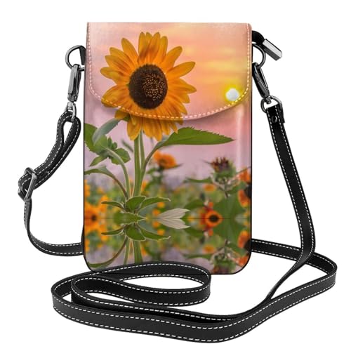 Sac à rabat en microfibre PU imprimé tournesol pour téléphone et portefeuille voyage