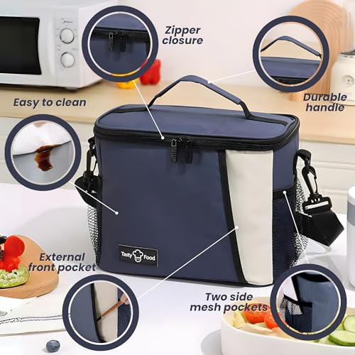 Image of OCEANEVO Insulated Lunch Bag with Luggage Tag, Tiffin Bag for Office with Handle and Shoulder Strap for Men and Women - 25 x 17.5 x 20 Cm - Navy Blue
