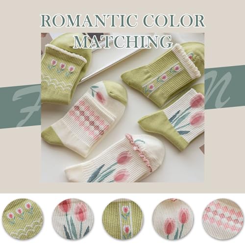 Image of 4 /5 Pack Cute Womens Floral Socks, Cotton Vintage Embroidered Casual Crew Socks, Girly Cottagecore Tulip Dress Socks