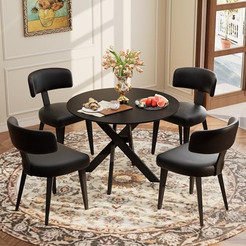 Image of Wood Dining Table Set for 4, 36 inch Round Kitchen Table with 4 Faux Leather Dining Chairs, MDF Tabletop with Metal Legs, Ergonomic Dining Chair with Metal Legs(Black Table with Black Chairs)