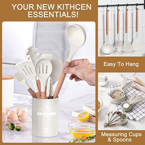 Kitchen Utensils Set, 26 Pcs Non-Stick Silicone Cooking Utensils Spatula Set With Holder, Sturdy Wooden Handle, Heat Resistance Silicone Kitchen Gadgets Utensils Set, White #TOP4