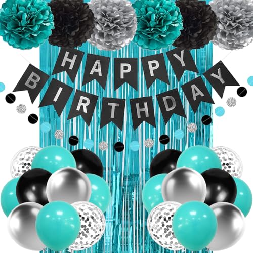 Teal Blue and Black Happy Birthday Decorations with Banner Turquoise Aqua Teal Foil Fringe Curtain Tissue Pom Poms Balloons Dcor Supplies for Men Women Boys Girls Birthday Party