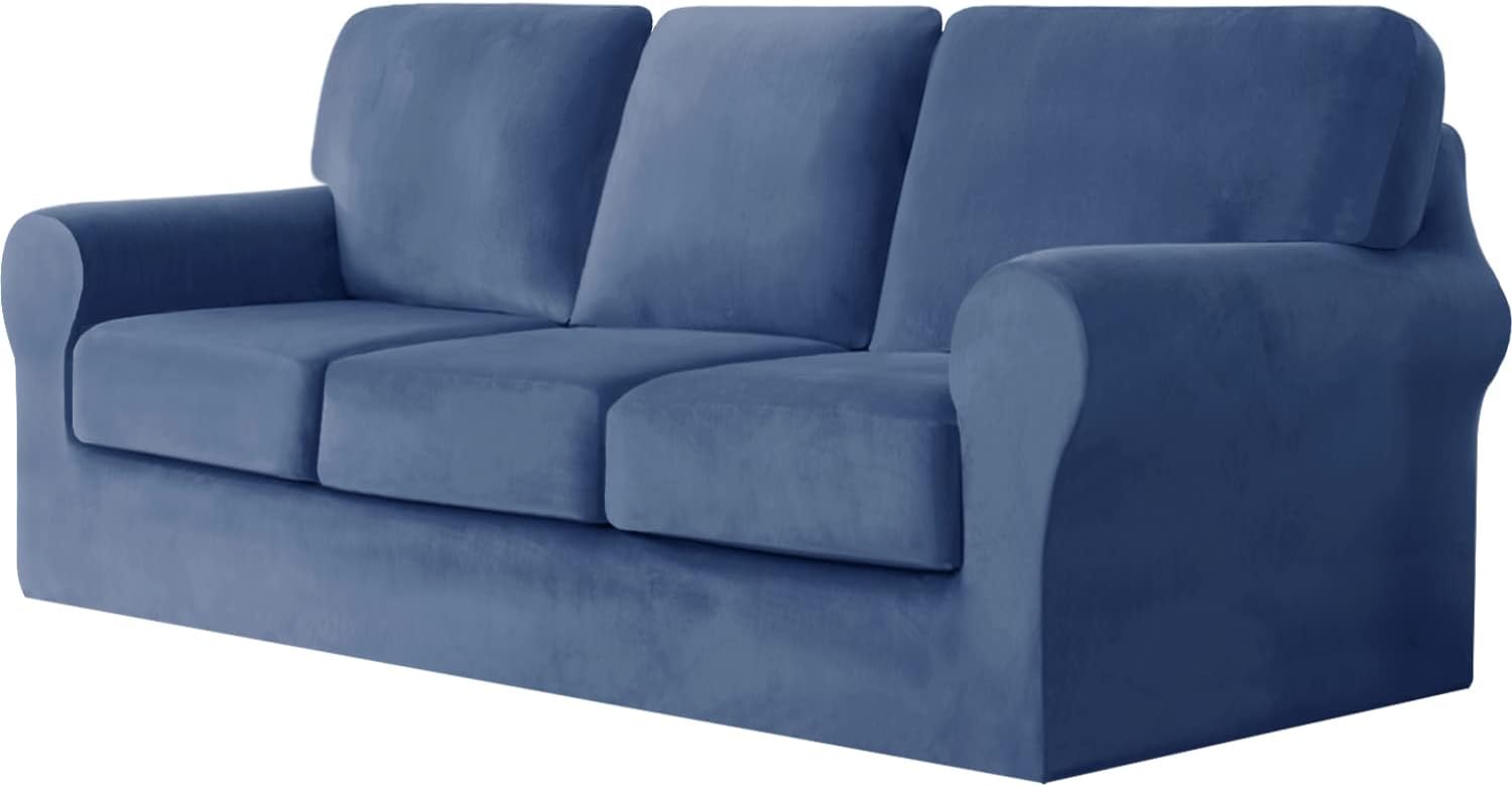 Velvet High Stretch Sofa Covers for 2 Cushion Couch Sofa Slipcovers, Washable Furniture Protector with Drawstring Anti Slip Bottom, Soft and Plush Fabric for Kids and Pet (Dark Blue 7 Pieces)