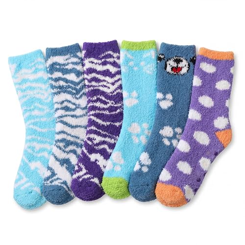 Image of Tipi Toe Womens Fuzzy Crew Socks with Anti Slip Grips Warm Cozy Fluffy Winter Slipper Socks Non Skid Home Socks for Women