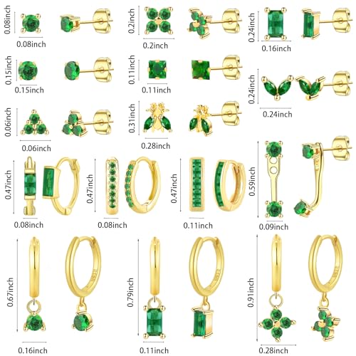 NEWITIN 15 Pairs Small Gold Stud Errings for Women Hypoallergenic Earring 14K Gold Plated Stainless Steel Inlaid Green Cubic Zirconia Earring Cartilage Stud Hoop Earrings Set2