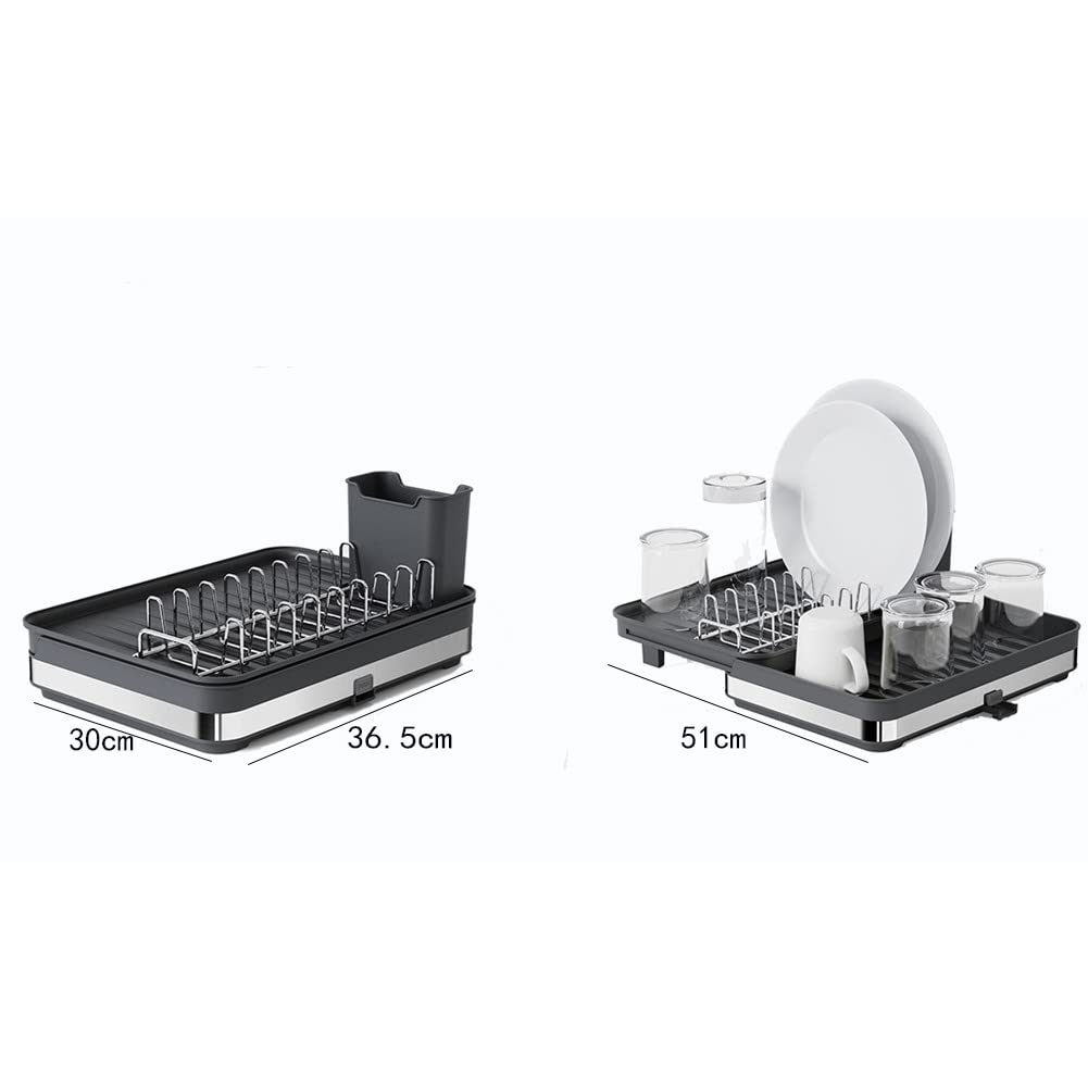 Égouttoir à Vaisselle Extensible, égouttoirs à Vaisselle Pliables en Acier avec Inoxydable Porte-Couverts et Assiette Anti-Rayures, Idéal Biberons, Bouteilles, Vaisselle (Noir)