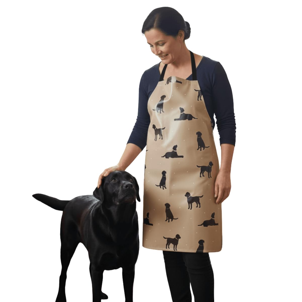 Jolee... Fabrics Wipe Clean PVC Coated Aprons - 100% Cotton Oilcloth - One Size - Easy to Clean and Splash Proof Apron (Taupe Labradors, Adult (75cm Length))