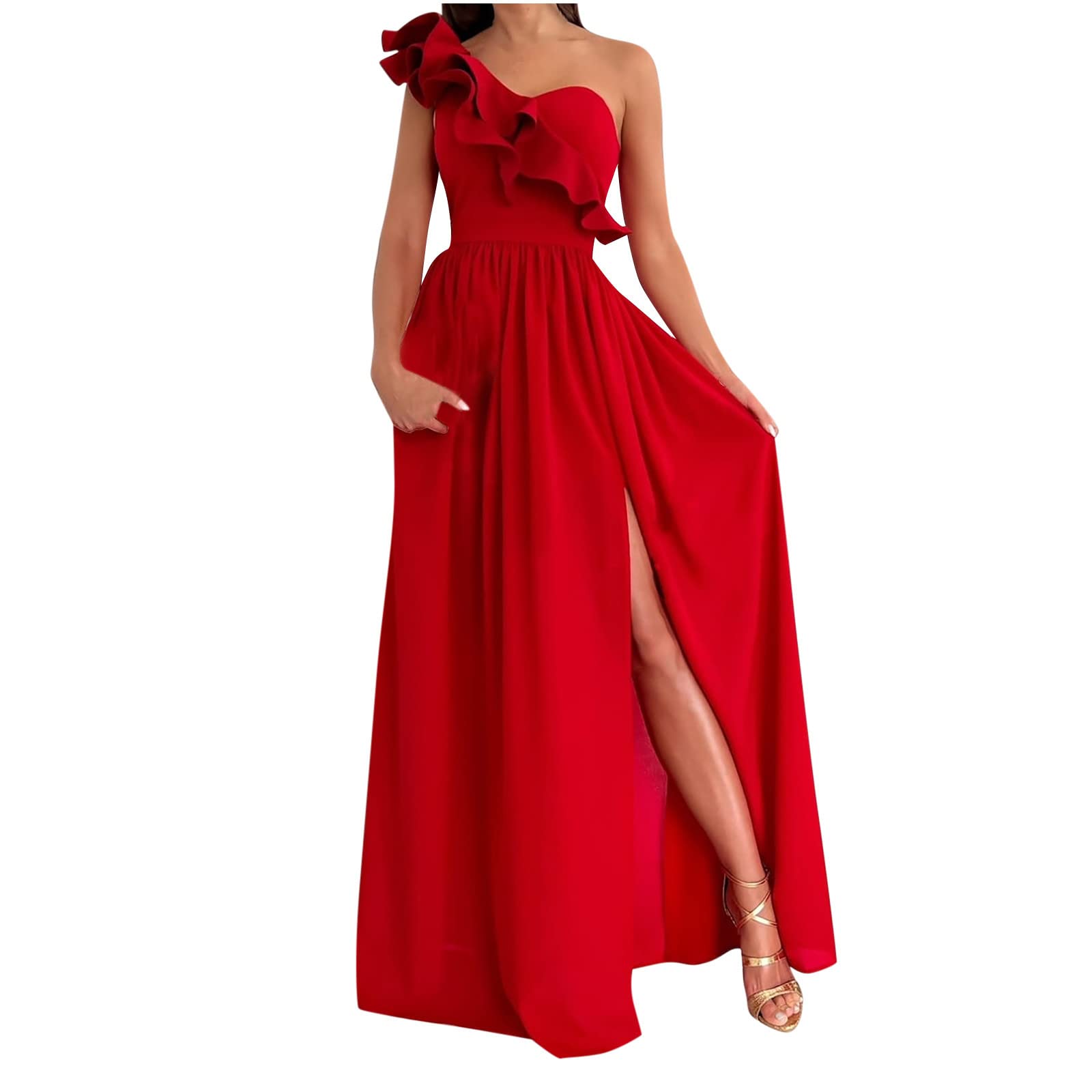 NUSGEAR 2023 Vestidos Largo Mujer Moda Color sólido Fiesta Vestido de Noche un Hombro Volante Elegante Vestidos de Cóctel sin Manga Extra Larga Casual Vestido Partido Novia Boda Vestir
