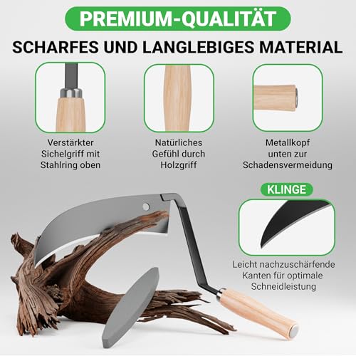 ALBAJ Sensensichel mit Holzgriff - traditionelle scharfe Sichel - nachhaltige Handsense 31x33 cm- inklusive Gratis Schleifstein – robuste Handsense für Gras
