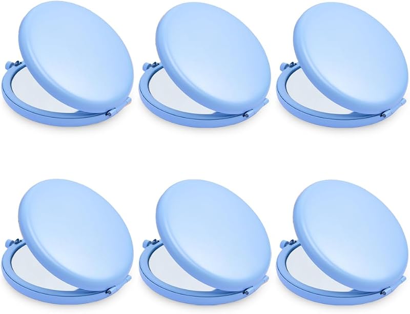 Espelho compacto redondo QUSTGO Baby Blue com aumento 1X/2X, estrutura metálica, dobrável, pacote com 6