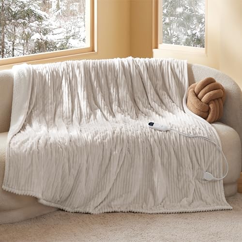 Image of Bedsure GentleSoft Electric Blanket Twin - Soft Ribbed Flannel Heated Blanket, Heating with 10 Time Settings, 6 Heat Settings, and 8 hrs Timer Auto Shut Off, Gifts for Grandma (62x84 inches, Cream)