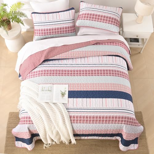 DJY Striped Queen Size Quilt Set, Pink Boho Bedspread Coverlet Set with 2 Pillowcases, 3 Pieces Soft Lightweight Microfiber Patchwork Quilt Bedding Set for All Season (96"x90") DJY Striped Queen Size Quilt Set, Pink Boho Bedspread Coverlet Set with 2 Pillowcases, 3 Pieces Soft Lightweight Microfiber Patchwork Quilt Bedding Set for All Season (96"x90")