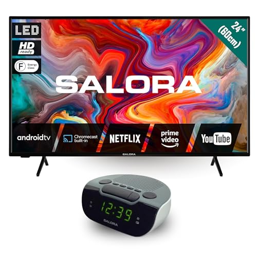 SALORA Smart TV 24 Pulgadas HD Ready con Android TV, WiFi y Chromecast Integrado + Reloj Despertador Digital con Radio FM y Doble Alarma, Bluetooth, 3 HDMI, Dolby Audio – Pack TV 24” para Dormitorio