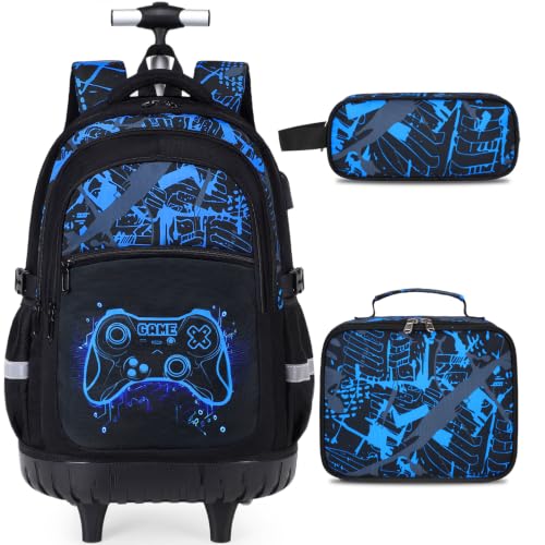 DIGOBAY Mochila com rodinhas para meninos escolares, mochila de rolo luminosa para jogadores, Azul, Medium, Fresco