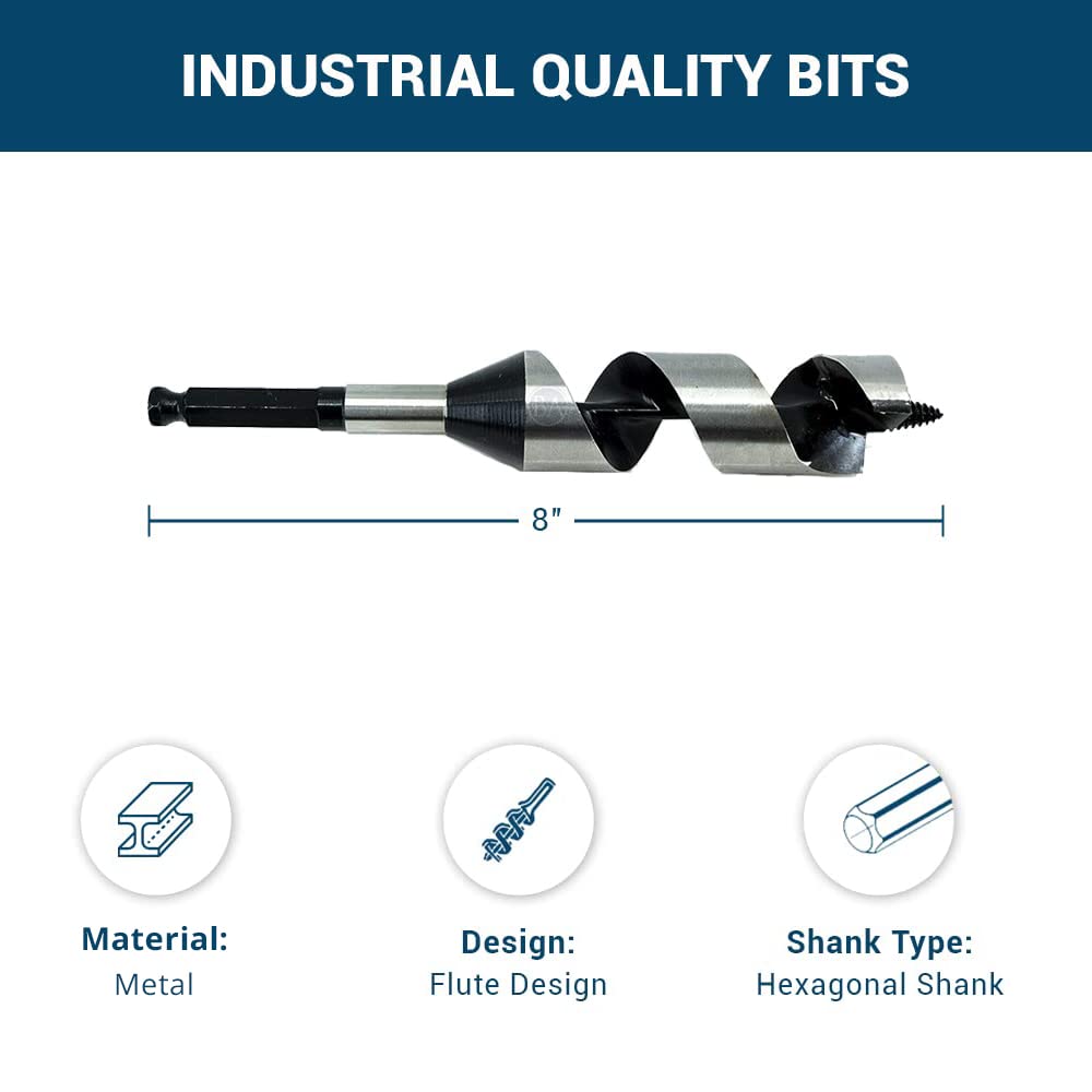 Benchmark Abrasives 1-3/8 Inch Auger Drill Bit for Woodworking, 7/16” Hex Shank Tool for Smooth, Clean Cuts Hole Carbon Steel Hole Cutter Drill Bit for Drilling on Soft & Hard Wood, MDF, Plywood