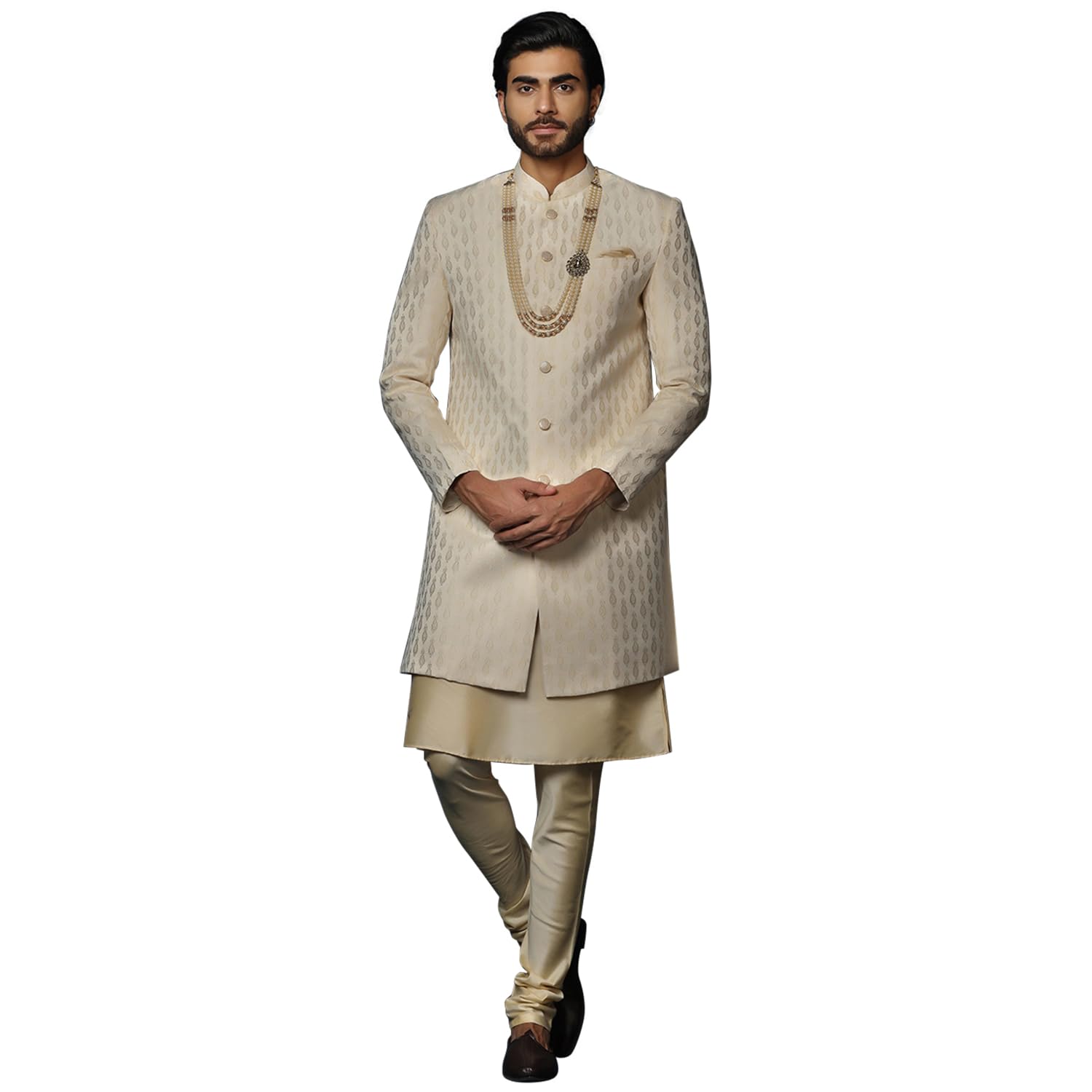 Kisah Men's Peach And Beige Indo-Western Kurta Sherwani Churidar Set Cotton Full Sleaves, Knee Length, Straight, Regular Fit, Mandarin Collar Ethnic Wear