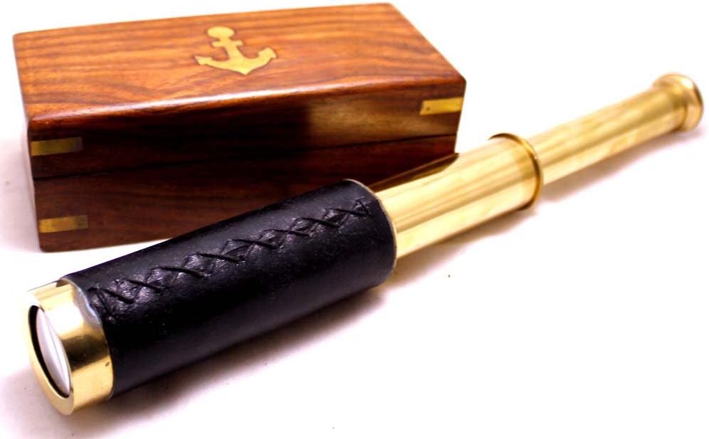 Nautical Brass Spyglass Telescope With Wooden Box 10 Inches Golden