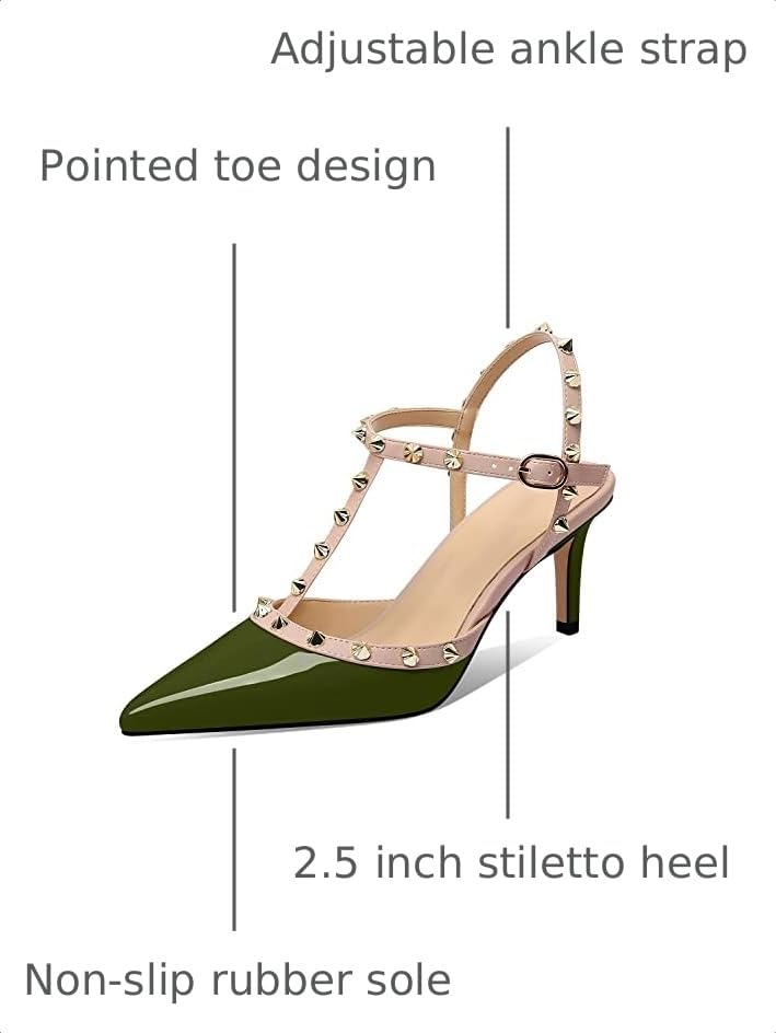 Image of XINIUNIU Studded Heels for Women Kitten Heels with Studs Stiletto Sandals with Rivet Ankle Strap Patent Leather Pointy Toe 2.5 Inch Party Daily Wear Evening Sandals