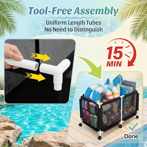 280 Gallon 69" Pool Storage Bin XXL Extra Large Swimming Pool Float Storage Bin, Pool Noodles Holder, Toys, Floats, Balls and Floats Equipment Mesh Rolling Bin for Garden Lawn, 69" Lx32 Wx35 H (Black) by Jotesnew - Used condition - Image 7