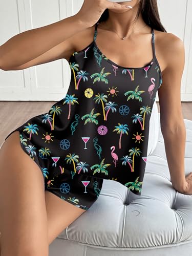 Image of Ekouaer Silk Pajamas Set for Women Satin Backless Lingerie Pjs Cami Top and Shorts Nightwear