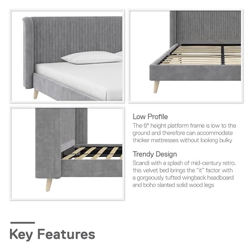 Novogratz Holly Upholstered Wingback Bed Frame, Queen, Light Gray Velvet #TOP3